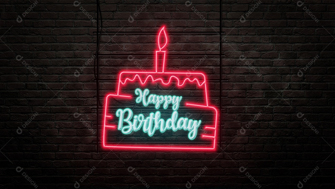 Feliz aniversário emblema de sinal de néon em estilo neon no fundo da parede de tijolo