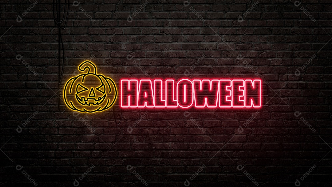 emblema de sinal de halloween em estilo neon no fundo da parede de tijolo