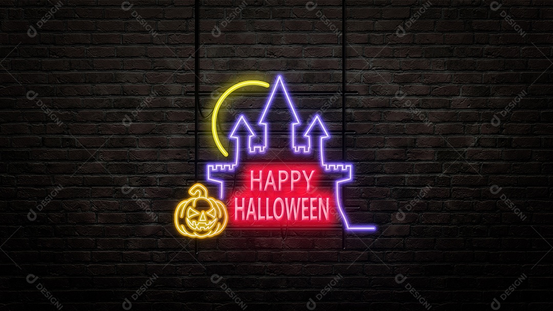 emblema de sinal de halloween em estilo neon no fundo da parede de tijolo