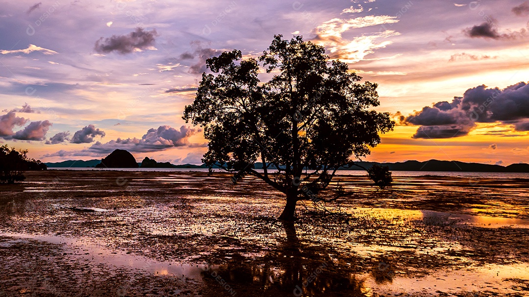 Maré baixa na praia durante o pôr do sol, Tailândia