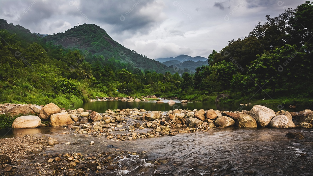 Paisagem selvagem do rio da floresta. Fluxo de rio selvagem rochas fluindo, Tailândia