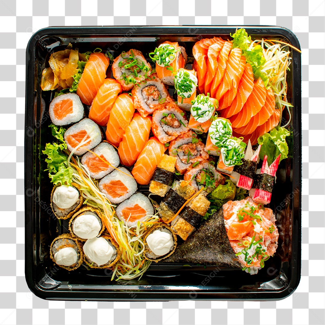 Vários Tipo de Sushi Sashimi Temaki em Bandeija Delivery PNG Transparente