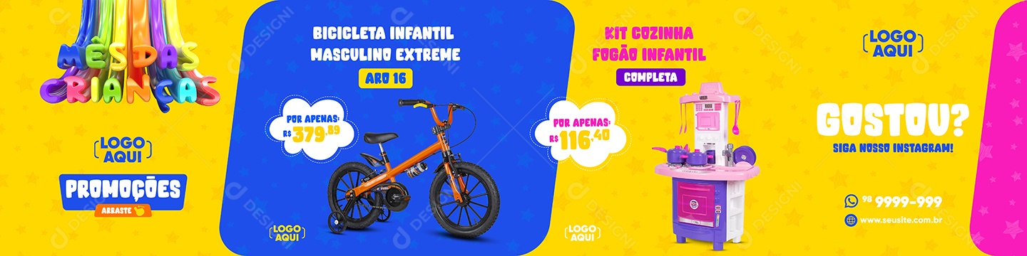 Mês das crianças Promoção Arraste Bicicleta Infantil Carrossel Social Media PSD Editável