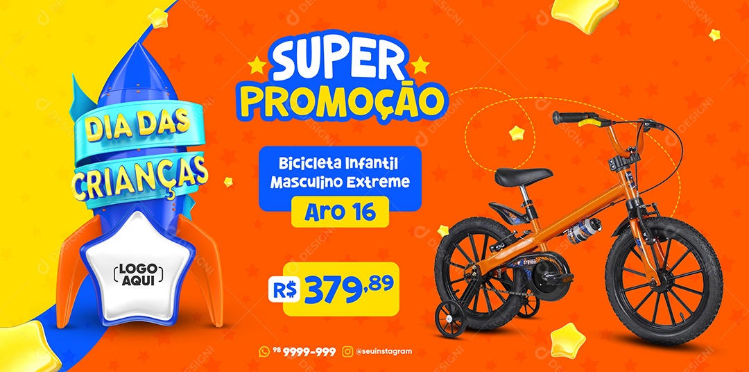 Banner Super Promoção Dia Das Crianças Bicicleta Infantil Loja Social Media PSD Editável