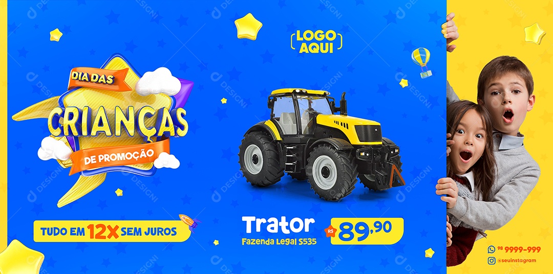 Banner Promoção de Dia Das Crianças Trator Brinquedos Lojas Social Media PSD Editável