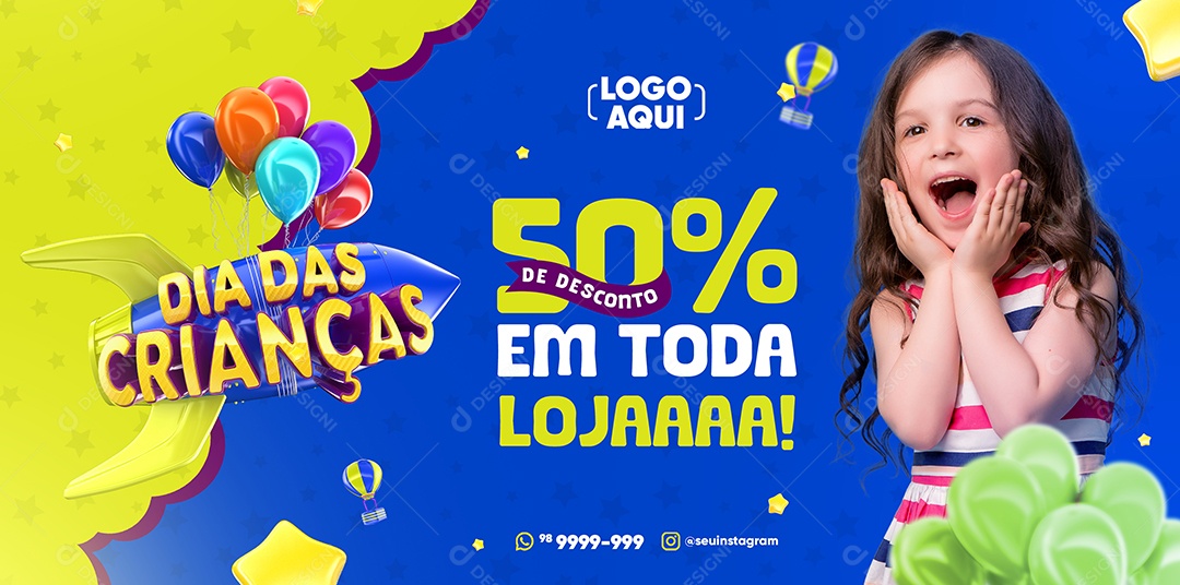 Banner Dia das Crianças 50% de Desconto em toda Loja Social Media PSD Editável