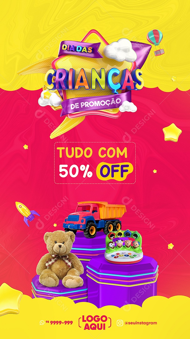 Story Dia Das Crianças de Promoção Tudo com 50% Off Lojas Social Media PSD Editável