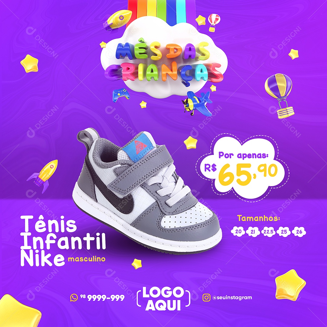 Mês das Crianças Tênis Infantil Nike Social Media PSD Editável