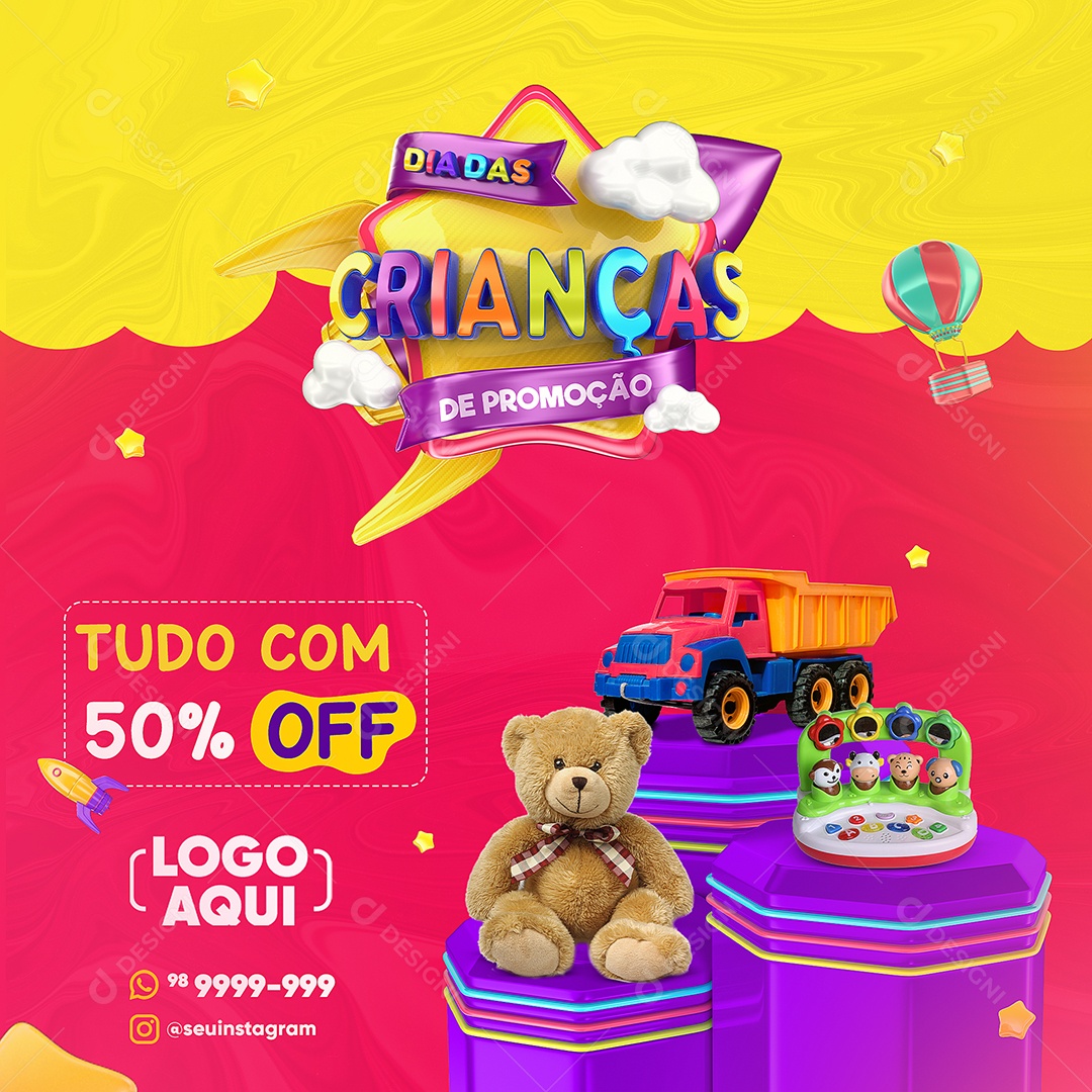 Dia Das Crianças de Promoção Tudo com 50% Off Lojas Social Media PSD Editável