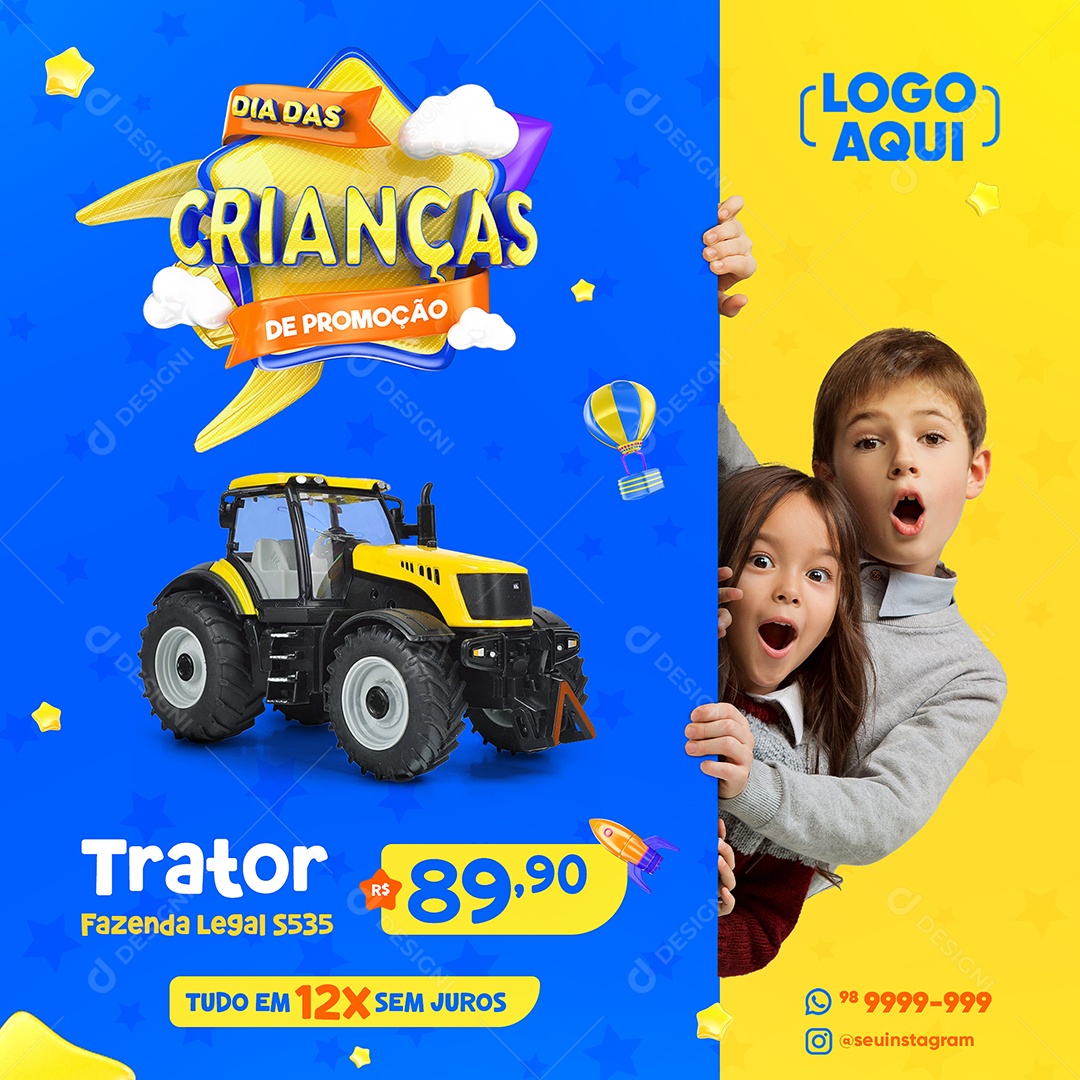 Promoção de Dia Das Crianças Trator Brinquedos Lojas Social Media PSD Editável