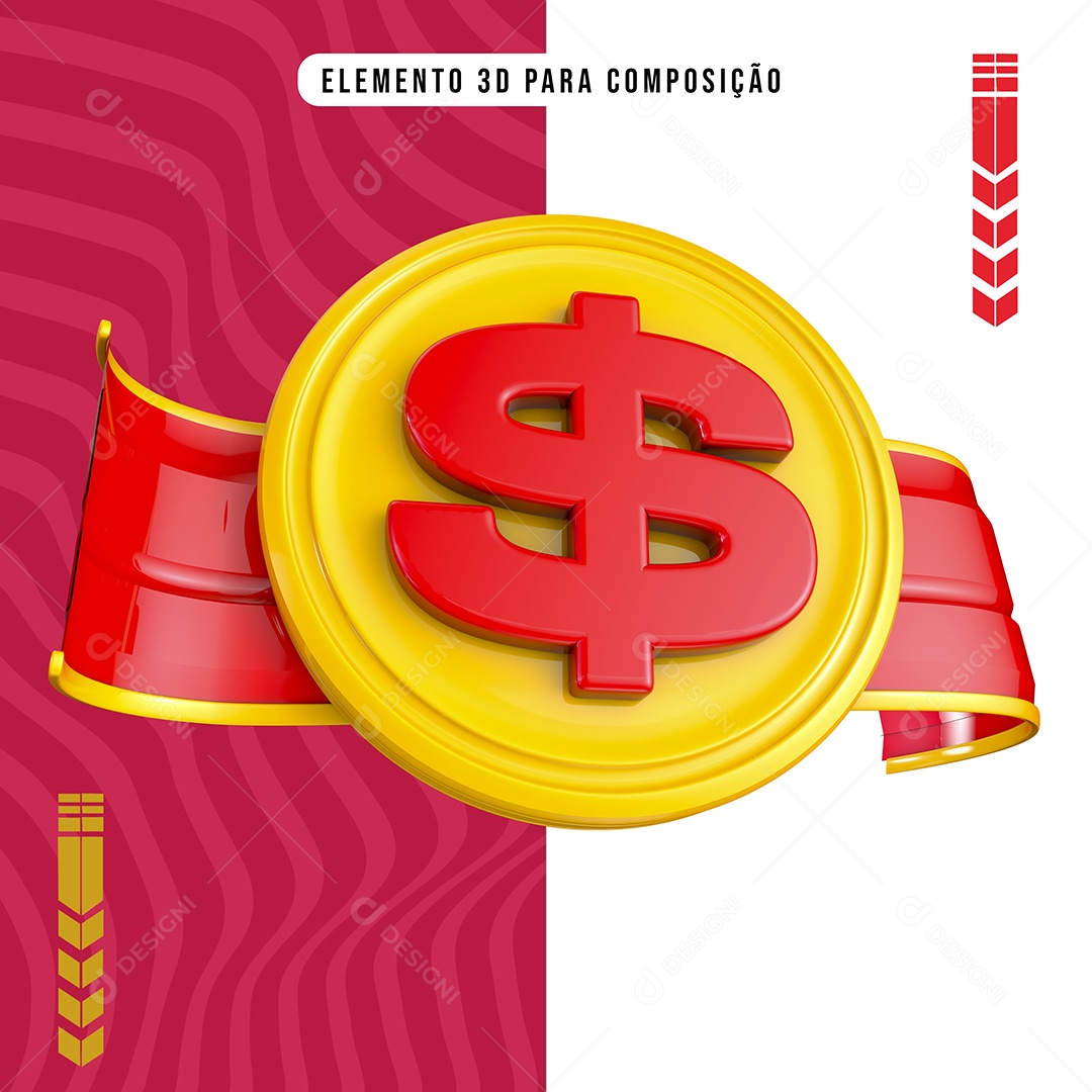 Elemento 3D Cifrão Vermelho e Amarelo para Composição PNG Transparente