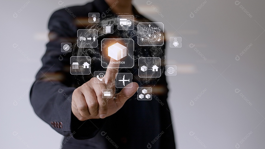 Businessman touching workflow for modern global logistic service