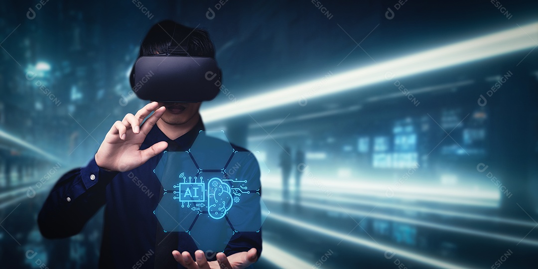 Controle, trabalhe, comande com robô droide AI de Inteligência Artificial e sistema ciborgue