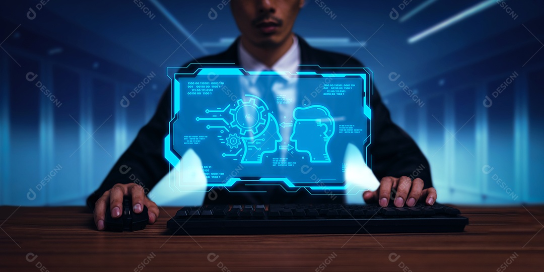 Controle, trabalhe, comande com robô droide AI de Inteligência Artificial e sistema ciborgue