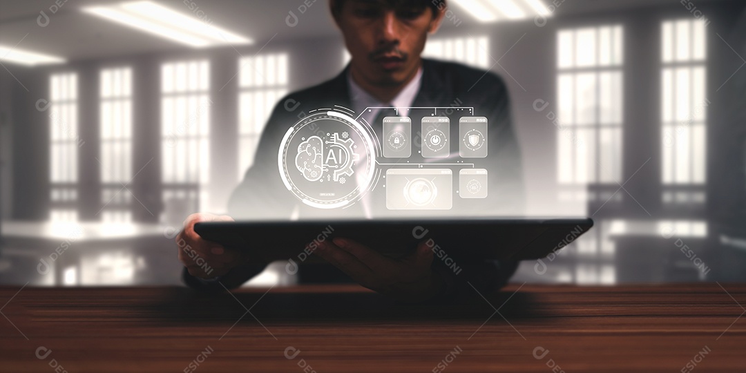 Controle, trabalhe, comande com robô droide AI de Inteligência Artificial e sistema ciborgue