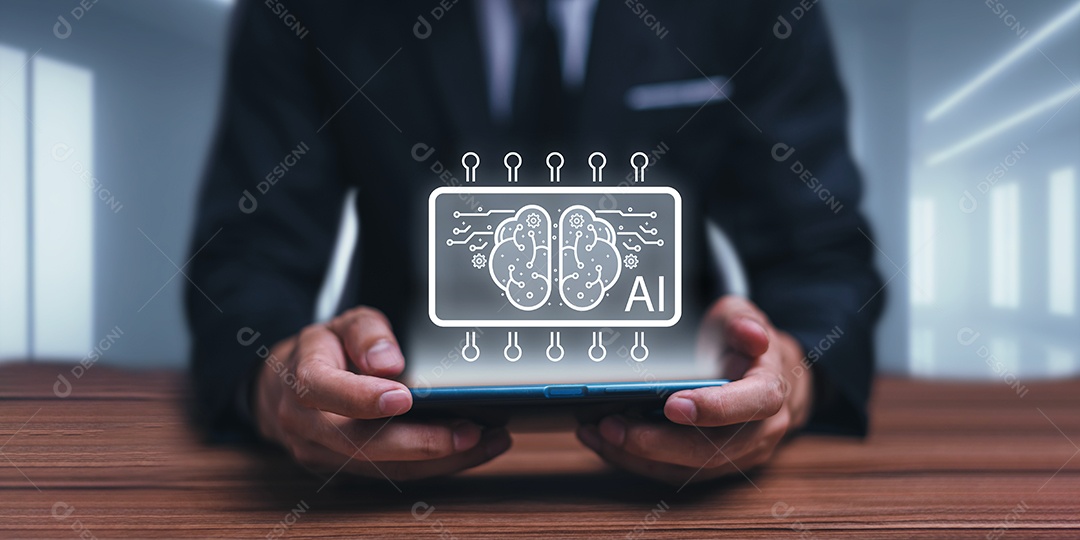 Controle, trabalhe, comande com robô droide AI de Inteligência Artificial e sistema ciborgue