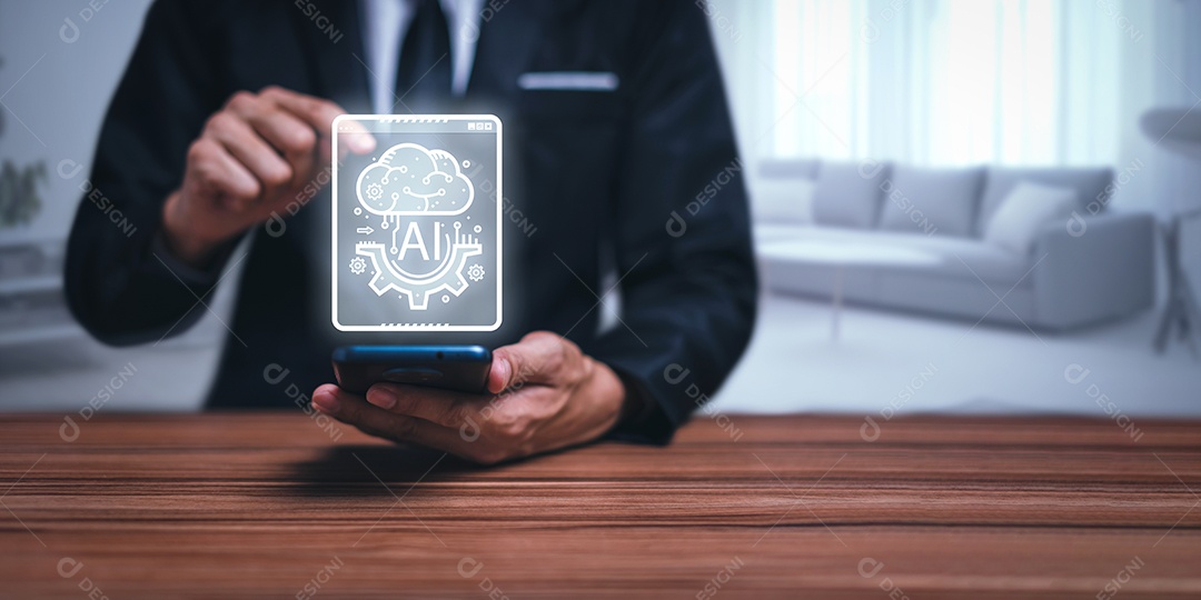 Controle, trabalhe, comande com robô droide AI de Inteligência Artificial e sistema ciborgue