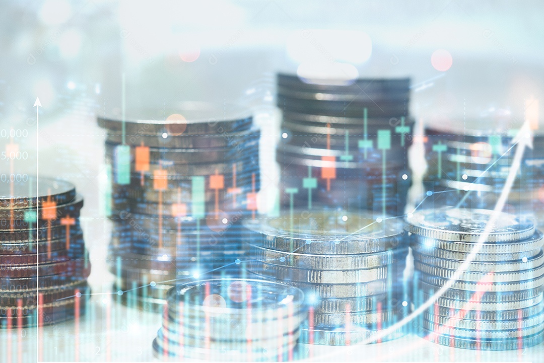 Dupla exposição Investimento do mercado de ações negociando moedas financeiras com gráfico na tela virtual.