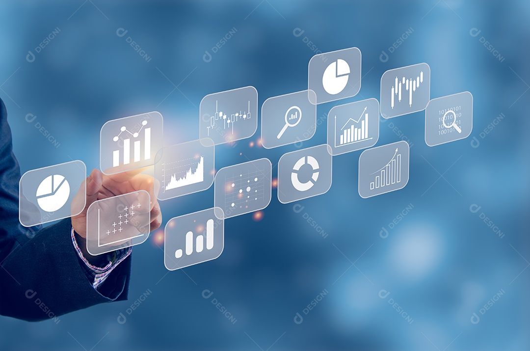 Conceito de negócios de inteligência de big data analytics BI com ícones de gráfico e gráfico na interface de tela virtual e um empresário em segundo plano.