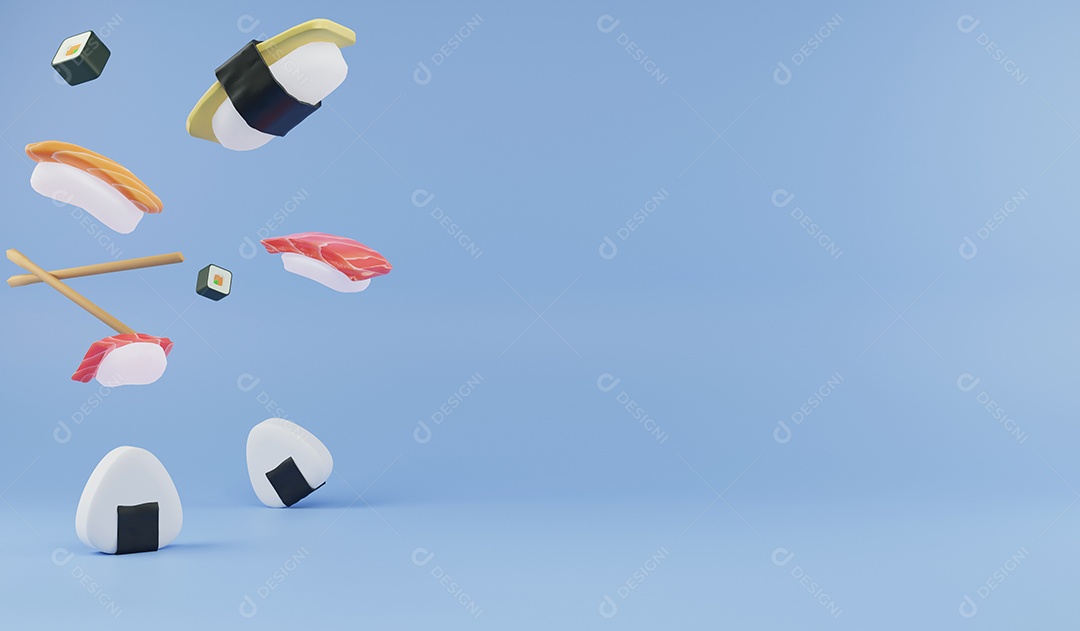 Sushi caindo em renderização 3D sobre fundo azul, comida japonesa de ilustração 3D e espaço para cópia
