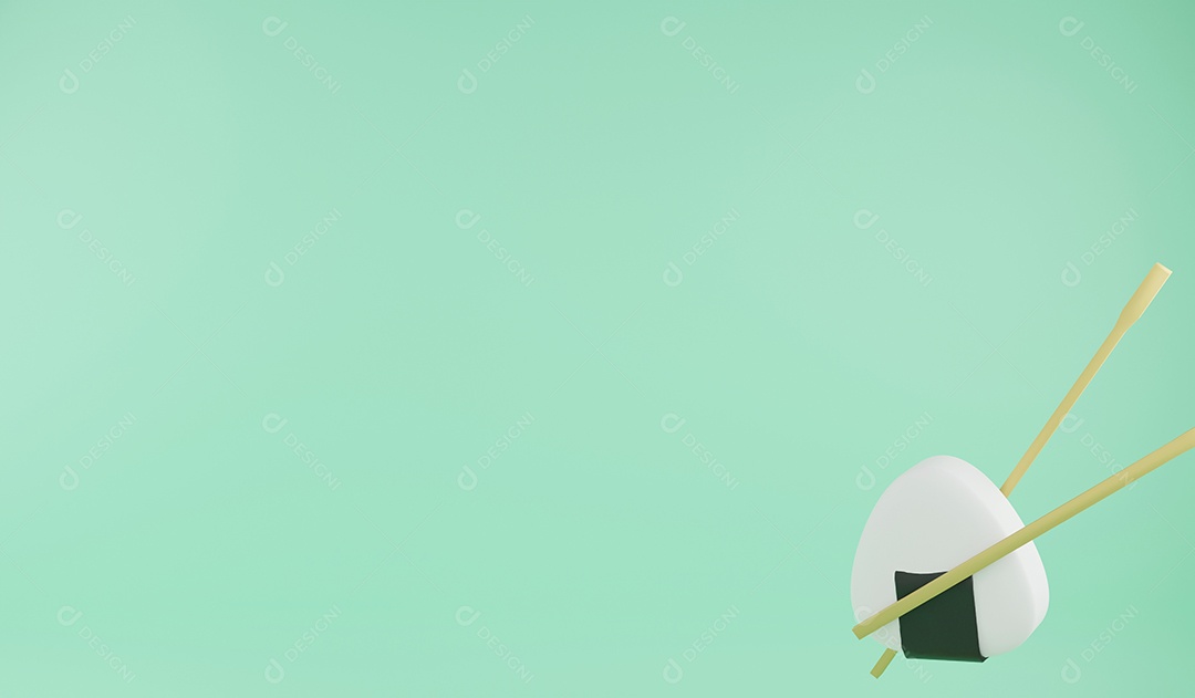 Bola de arroz oniguiri de renderização 3D em fundo verde, ilustração 3D comida japonesa e espaço para cópia