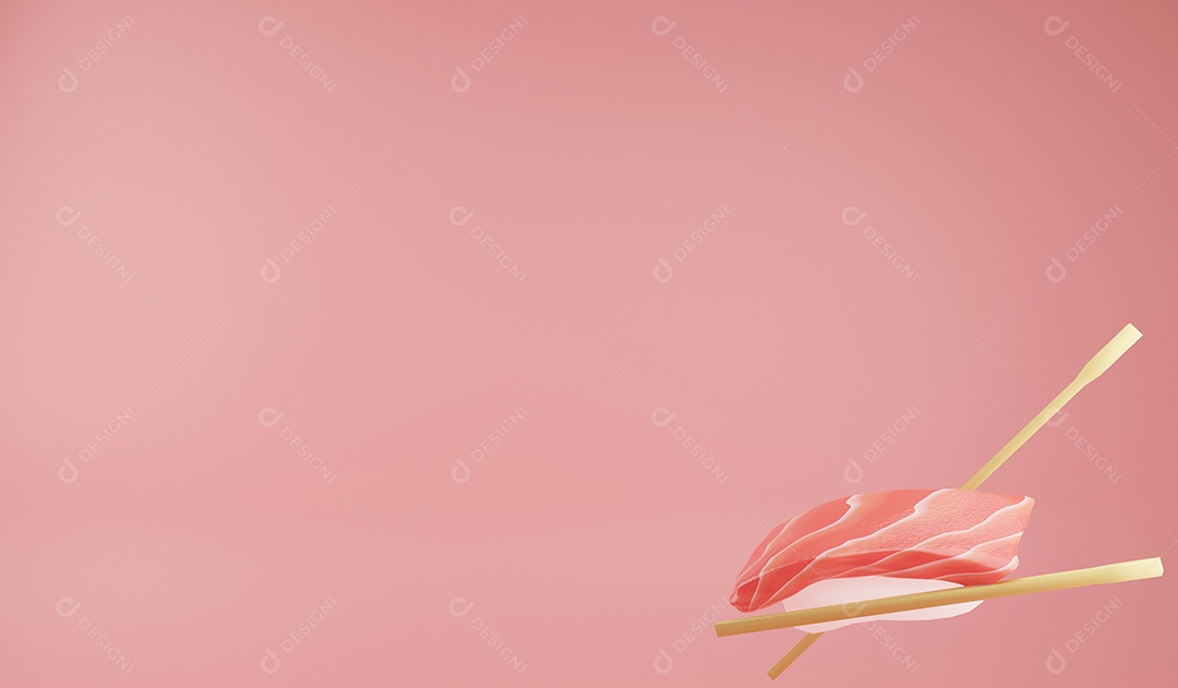 Sushi de salmão vermelho de renderização 3D em fundo vermelho, comida japonesa de ilustração 3D e espaço para cópia