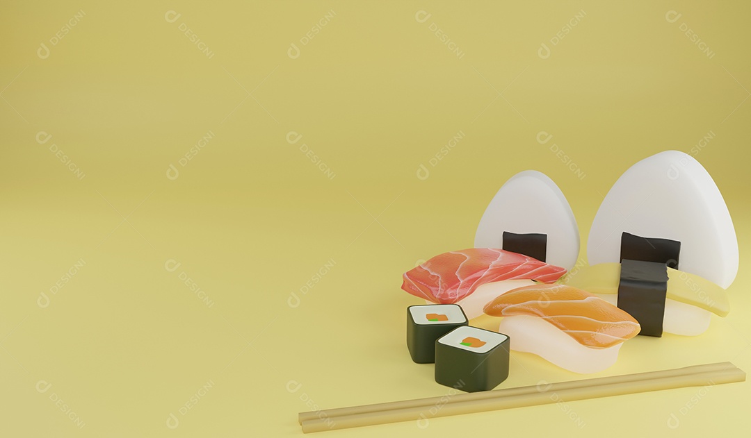 Sushi de renderização 3D e pauzinhos em fundo amarelo, ilustração 3D comida japonesa e espaço de cópia