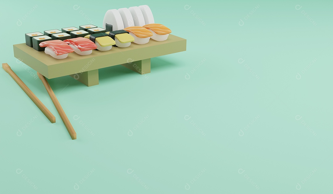 Sushi de renderização 3D na bandeja de sushi em fundo verde, comida japonesa de ilustração 3D e espaço para cópia
