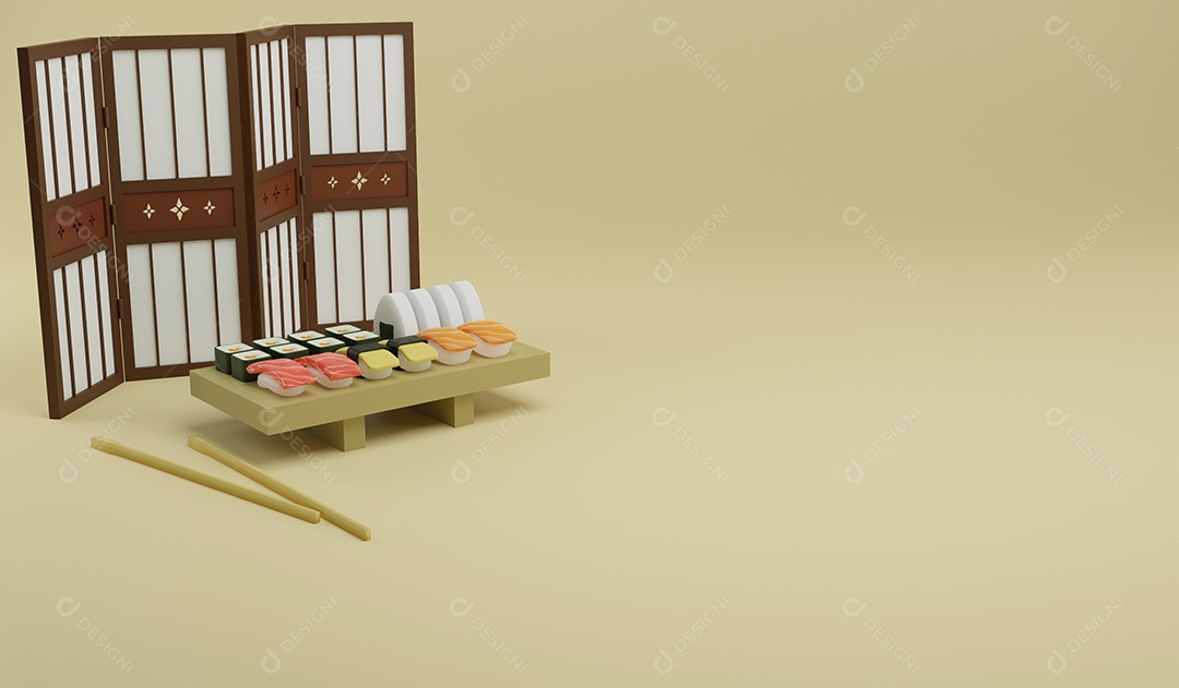 Sushi de renderização 3D na bandeja de sushi em fundo amarelo, comida japonesa de ilustração 3D e espaço para cópia