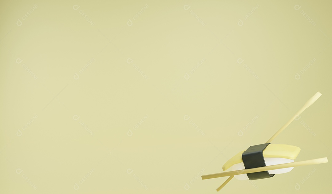 Sushi de ovo doce de renderização 3D em fundo amarelo, comida japonesa de ilustração 3D e espaço para cópia