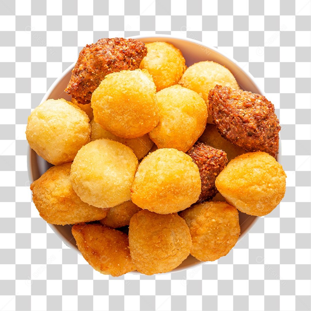 Cestinha com Vários Salgadinhos de Festa Sortidos Kibbeh Coxinha Bolinha de Queijo e Risolis PNG Transparente