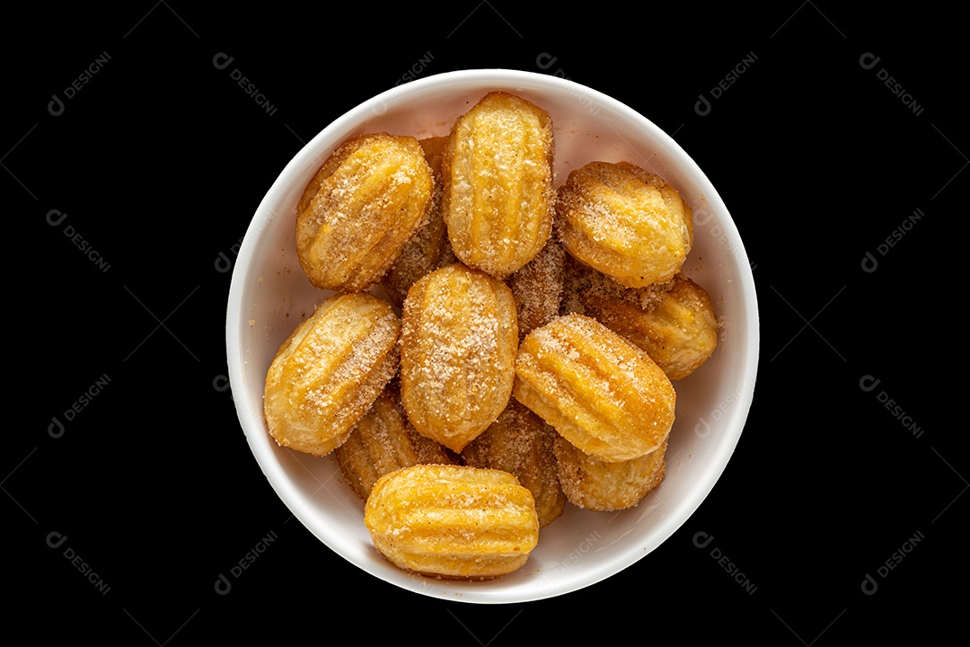 mini churros de doce de leite, frita em recipiente, cestinha com açucar e canela