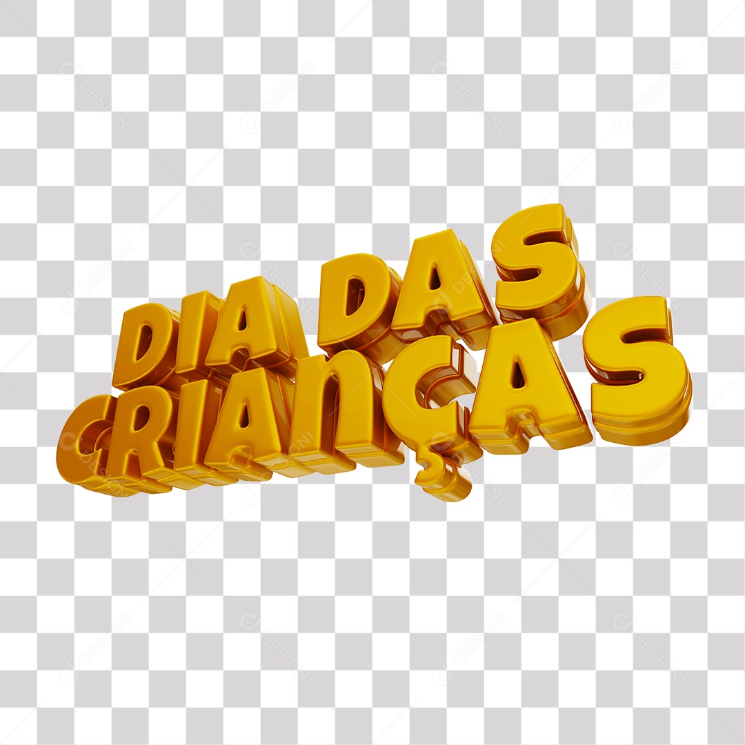 Dia das Crianças Texto 3D Dourado para Composição PNG Transparente Sem Fundo