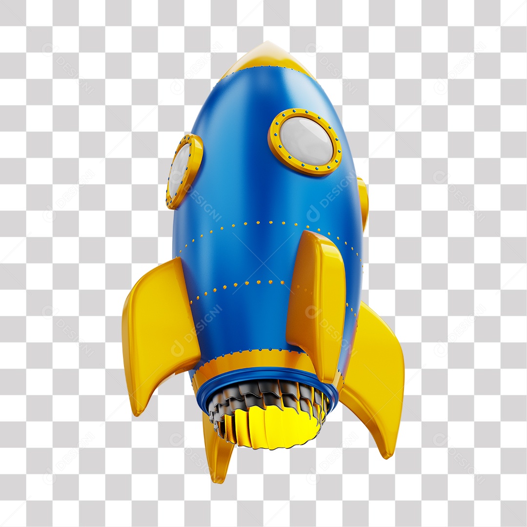 Foguete 3D Rocket Azul e Dourado PNG Transparente
