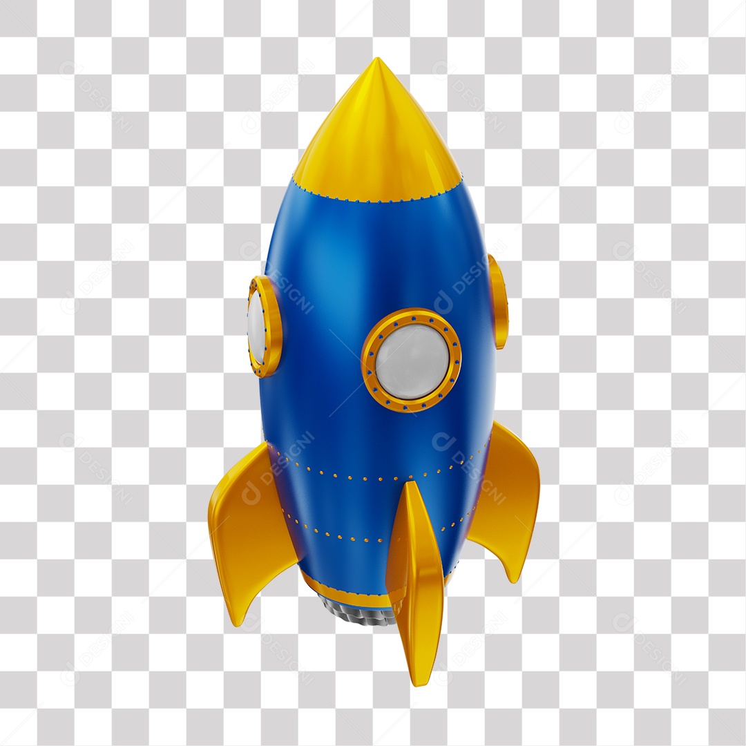 Foguete 3D Rocket Azul e Dourado PNG Transparente