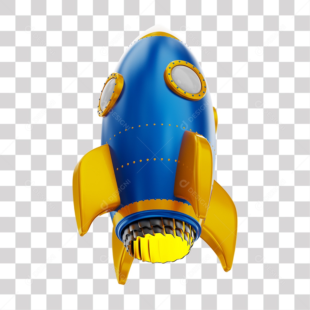 Foguete 3D Rocket Azul e Dourado PNG Transparente