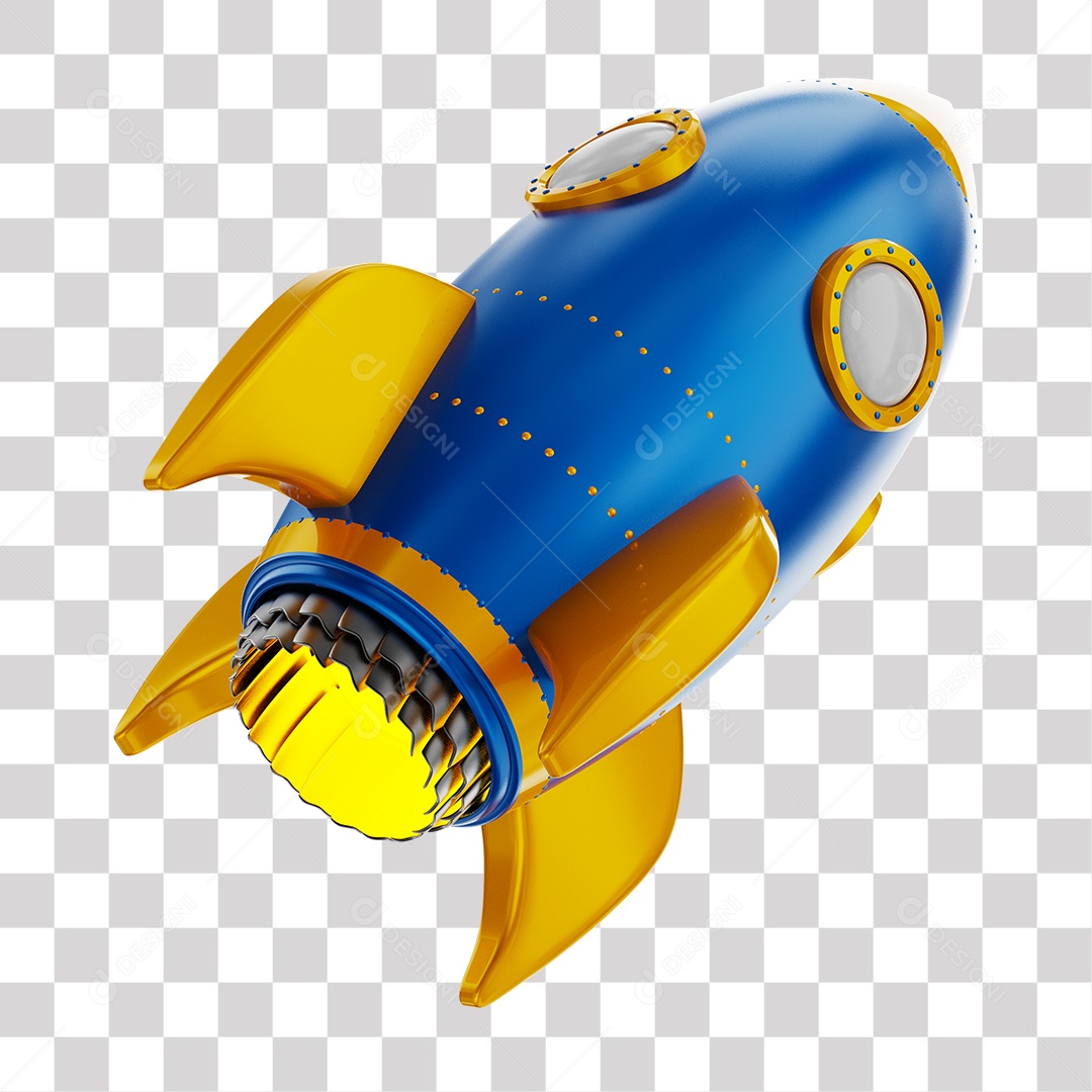 Foguete 3D Rocket Azul e Dourado PNG Transparente
