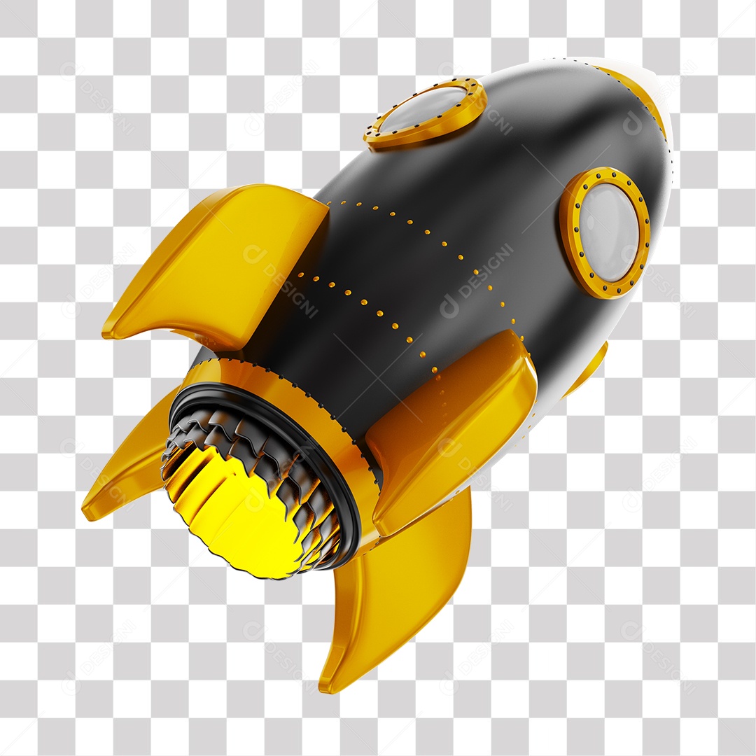 Foguete 3D Rocket Preto e Dourado PNG Transparente