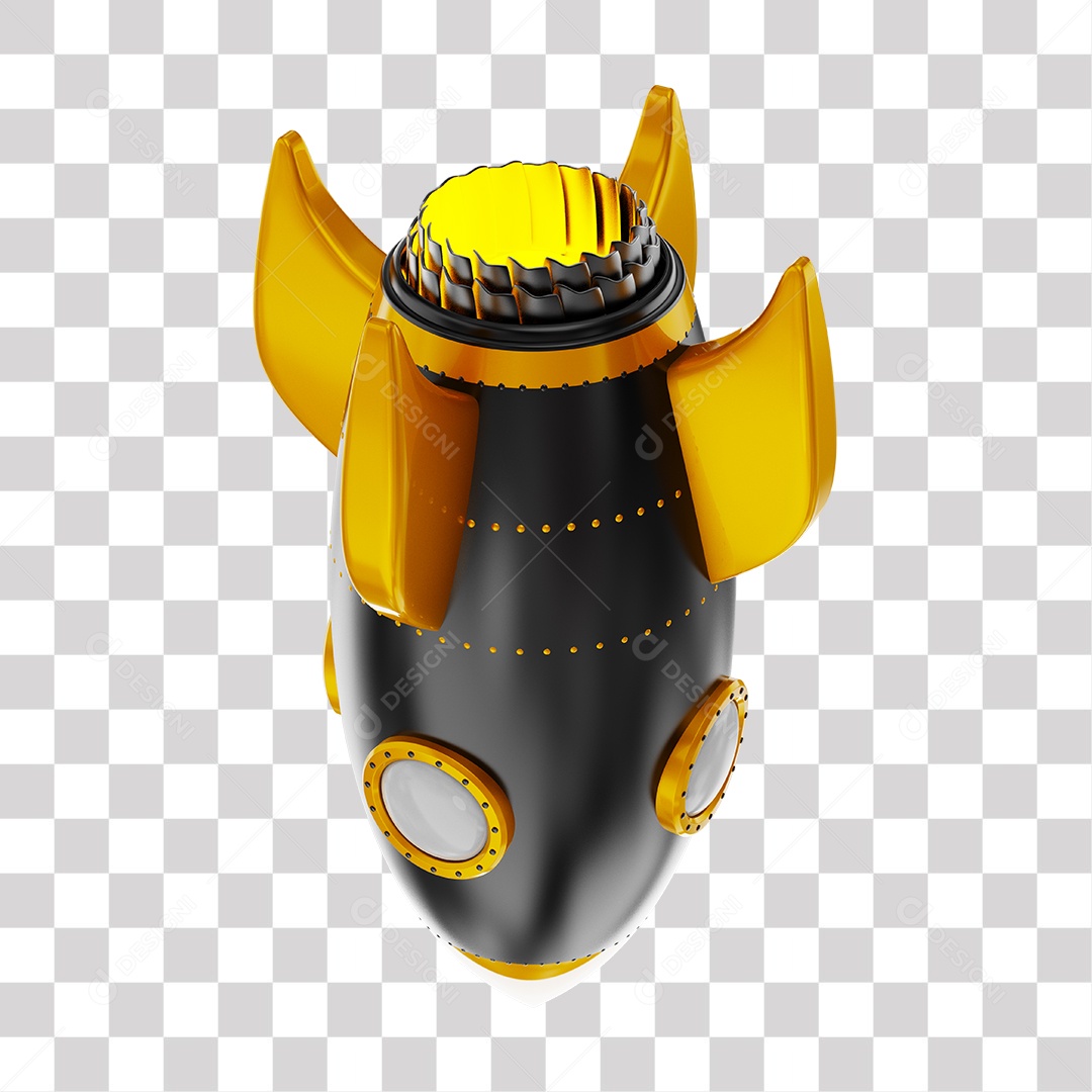 Foguete 3D Rocket Preto e Dourado PNG Transparente