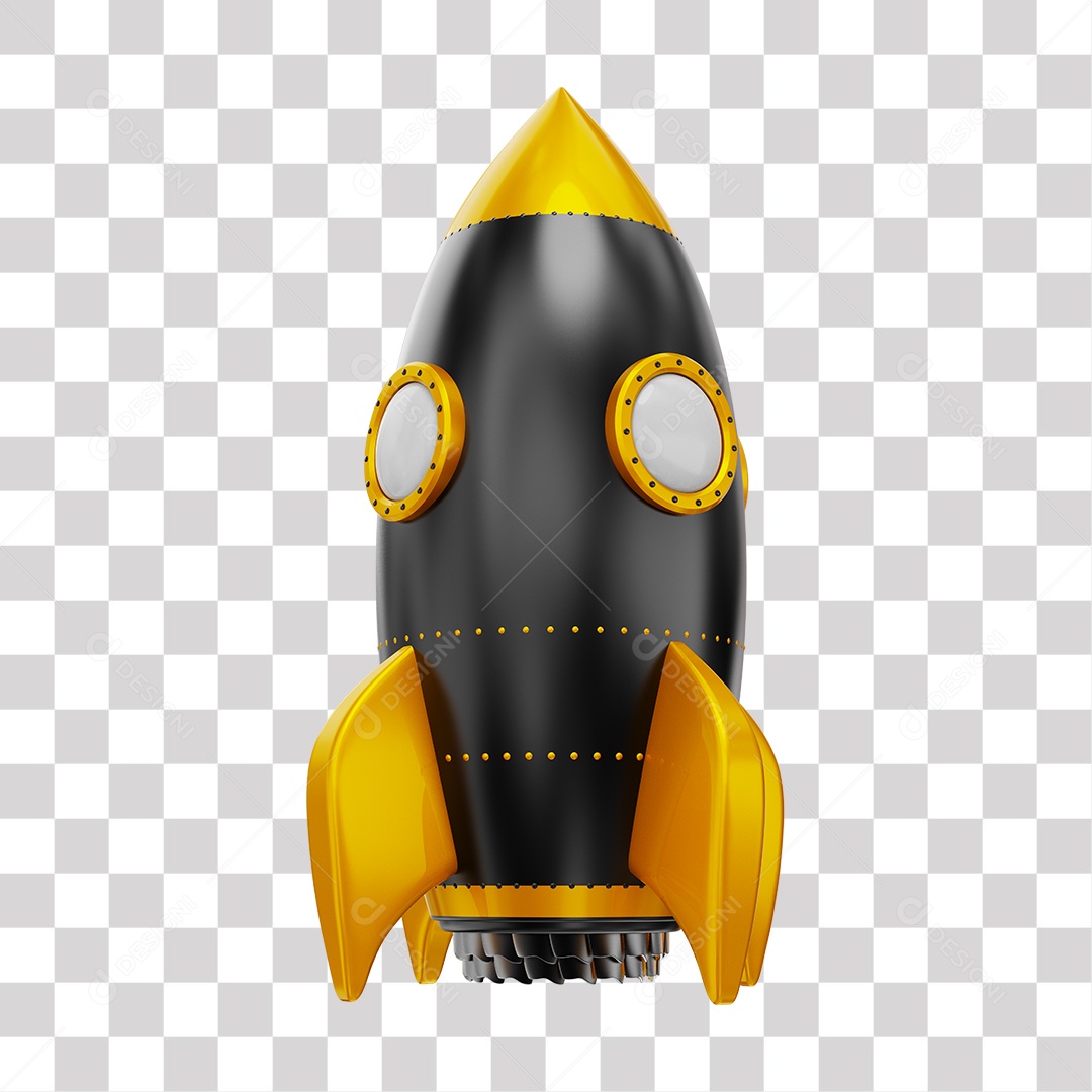 Foguete 3D Rocket Preto e Dourado PNG Transparente