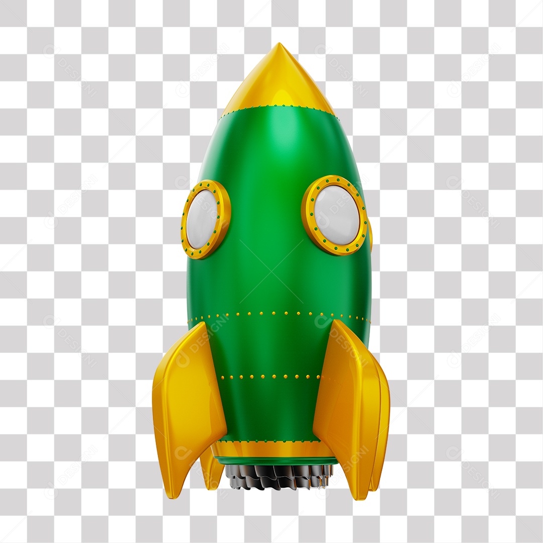 Foguete 3D Rocket Verde e Dourado PNG Transparente