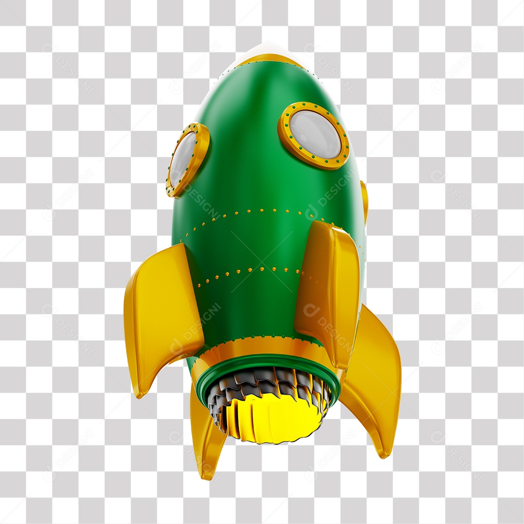 Foguete 3D Rocket Verde e Dourado PNG Transparente