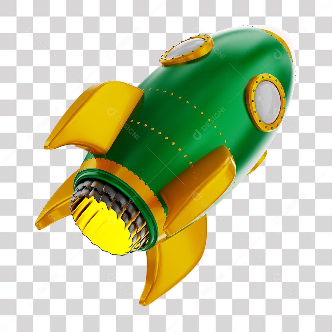 Foguete 3D Rocket Verde e Dourado PNG Transparente