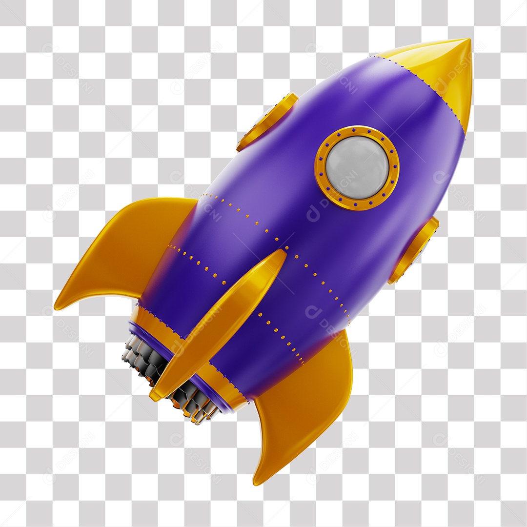 Foguete 3D Rocket Roxo e Dourado PNG Transparente