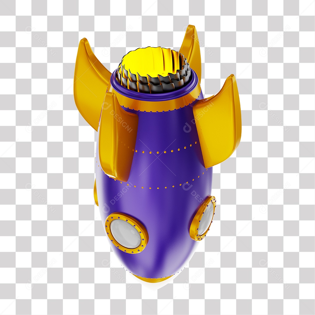 Foguete 3D Rocket Roxo e Dourado PNG Transparente