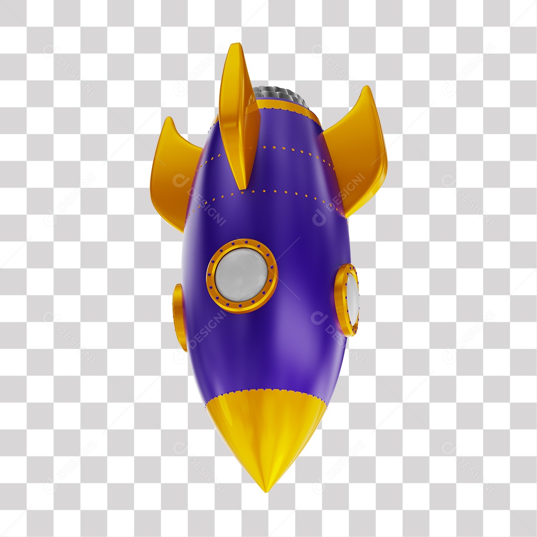 Foguete 3D Rocket Roxo e Dourado PNG Transparente