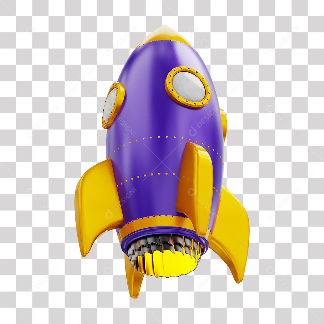 Foguete 3D Rocket Roxo e Dourado PNG Transparente