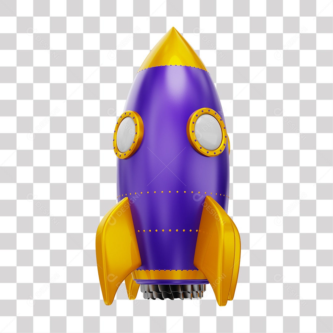 Foguete 3D Rocket Roxo e Dourado PNG Transparente