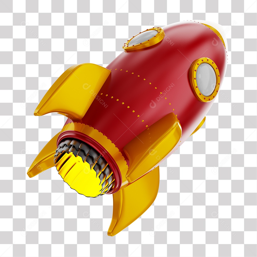 Foguete 3D Rocket Vermelho e Dourado PNG Transparente