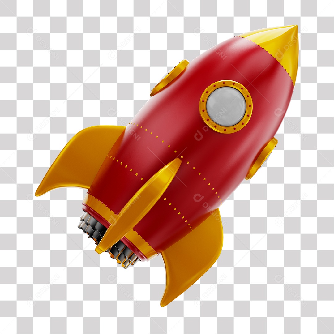 Foguete 3D Rocket Vermelho e Dourado PNG Transparente